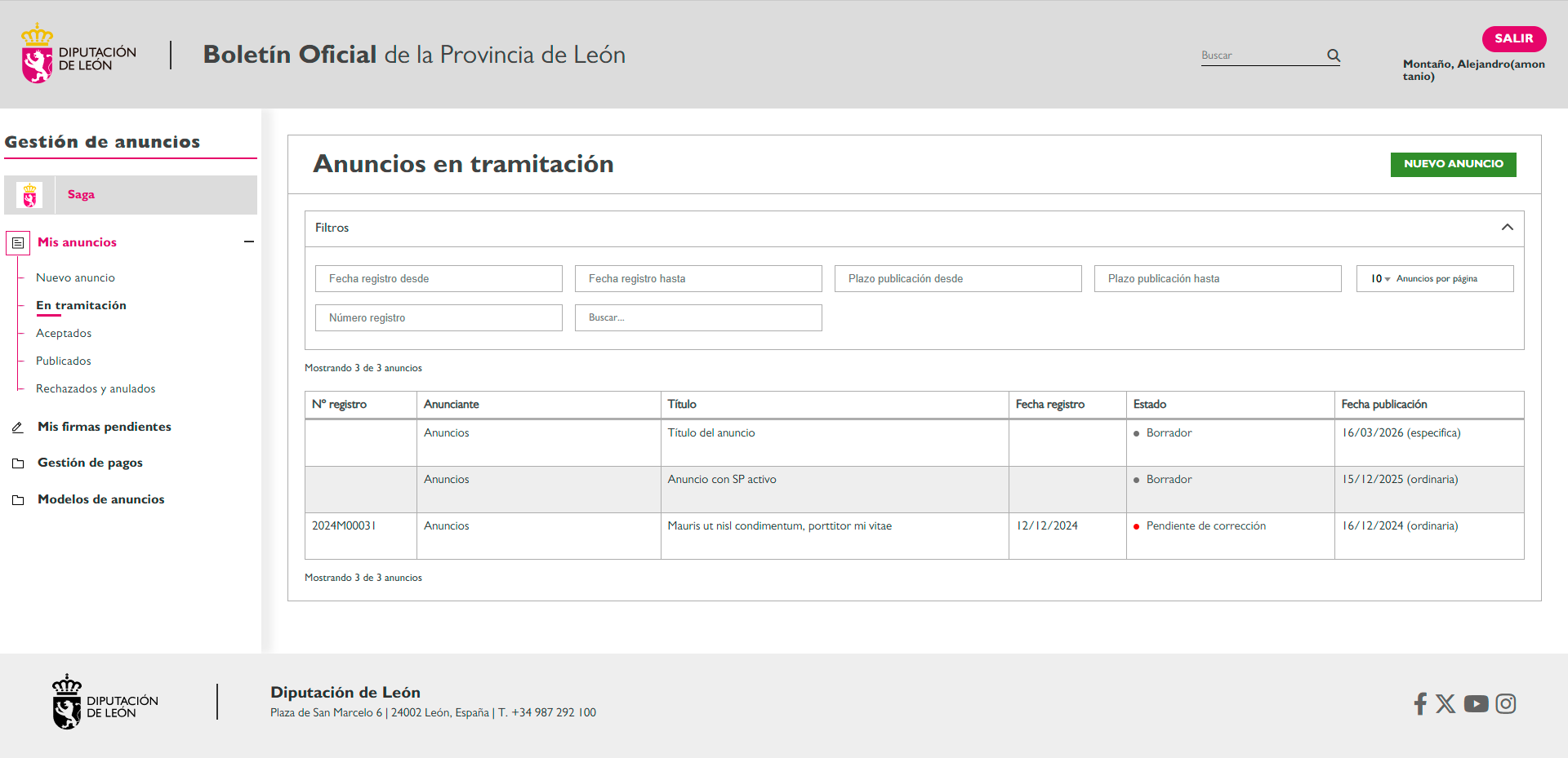 Estados de anuncios de una entidad